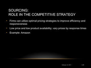 SOURCING:
ROLE IN THE COMPETITIVE STRATEGY
• Firms can utilize optimal pricing strategies to improve efficiency and
responsiveness
• Low price and low product availability; vary prices by response times
• Example: Amazon
February 16, 2015 1-89
 