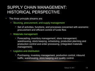 SUPPLY CHAIN MANAGEMENT:
HISTORICAL PERSPECTIVE
February 16, 2015
• The three principle streams are:
• Sourcing, procurement, and supply management
• Set of activities, functions, and processes concerned with economic
procurement and efficient control of funds flow.
• Materials management
• Forecasting, inventory management, store management,
warehousing, stock keeping, scheduling, production planning and
production control and order processing. (integrated materials
management)
• Logistics and distribution
• Purchasing, inventory management, production control, inbound
traffic, warehousing, store keeping and quality control.
1-9
 
