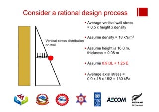 Consider a rational design process
 Average vertical wall stress
= 0.5 x height x density
 Assume density = 18 kN/m3
 Assume height is 16.0 m,
thickness = 0.98 m
 Assume 0.9 DL + 1.25 E
 Average axial stress =
0.9 x 18 x 16/2 = 130 kPa
Vertical stress distribution
on wall
 