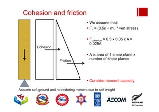 Cohesion and friction
 We assume that:
 Fh = (0.5c + mu * vert stress)
 Fcohesion = 0.5 x 0.05 x A =
0.025A
 A is area of 1 shear plane x
number of shear planes
 Consider moment capacity
Cohesion
Friction
Assume soft ground and no restoring moment due to self weight
 