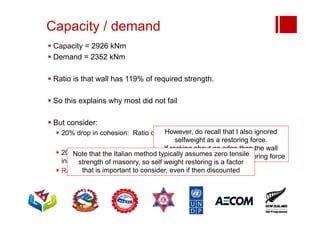 Capacity / demand
 Capacity = 2926 kNm
 Demand = 2352 kNm
 Ratio is that wall has 119% of required strength.
 So this explains why most did not fail
 But consider:
 20% drop in cohesion: Ratio drops to 107%
 20% drop in cohesion (poor mud mortar), 20% drop in friction, 25%
increase in shaking at site
 Ratio drops to only 76% of code
However, do recall that I also ignored
selfweight as a restoring force.
If rocking about an edge then the wall
would have a much greater restoring force
Note that the Italian method typically assumes zero tensile
strength of masonry, so self weight restoring is a factor
that is important to consider, even if then discounted
 