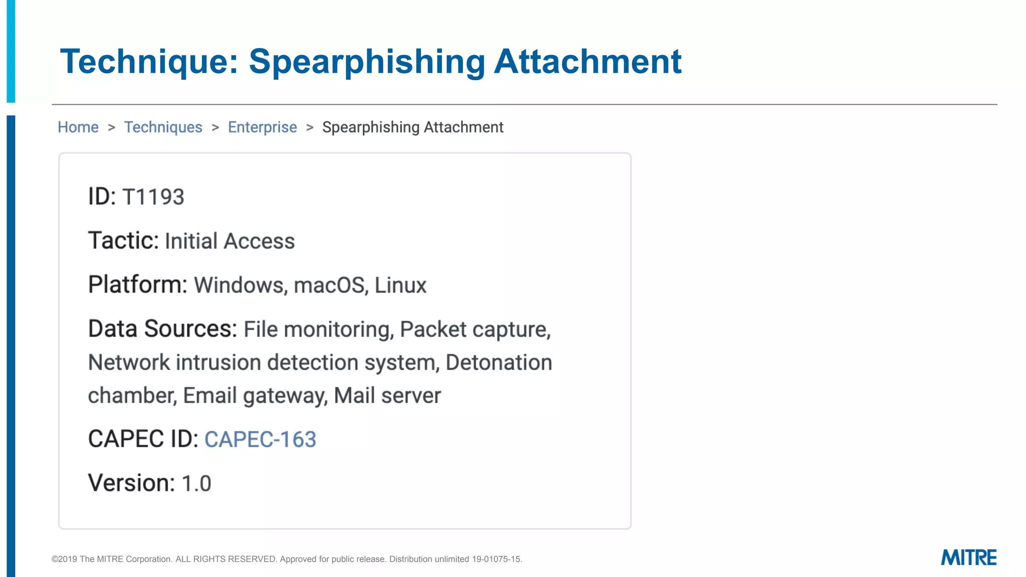 Technique: Spearphishing Attachment
©2019 The MITRE Corporation. ALL RIGHTS RESERVED. Approved for public release. Distribution unlimited 19-01075-15.
 
