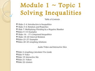 Module 1 ~ Topic 1 Solving Inequalities ,[object Object],[object Object],[object Object],[object Object],[object Object],[object Object],[object Object],[object Object],[object Object],[object Object],[object Object],[object Object],[object Object],[object Object],[object Object]