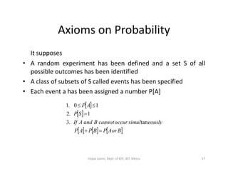 Axioms on Probability
It supposes
• A random experiment has been defined and a set S of all
possible outcomes has been identified
• A class of subsets of S called events has been specified
• Each event a has been assigned a number P[A]• Each event a has been assigned a number P[A]
 
 
     BorAPBPAP
eouslysimuloccurcannotBandAIf
SP
AP



tan.3
1.2
10.1
17Vijaya Laxmi, Dept. of EEE, BIT, Mesra
 