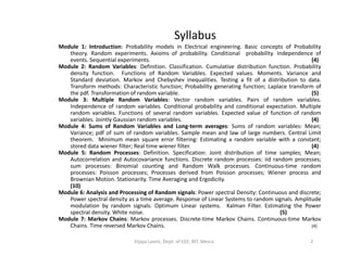 Syllabus
Module 1: Introduction: Probability models in Electrical engineering. Basic concepts of Probability
theory. Random experiments. Axioms of probability. Conditional probability. Independence of
events. Sequential experiments. (4)
Module 2: Random Variables: Definition. Classification. Cumulative distribution function. Probability
density function. Functions of Random Variables. Expected values. Moments. Variance and
Standard deviation. Markov and Chebyshev inequalities. Testing a fit of a distribution to data.
Transform methods: Characteristic function; Probability generating function; Laplace transform of
the pdf. Transformation of random variable. (5)
Module 3: Multiple Random Variables: Vector random variables. Pairs of random variables.
Independence of random variables. Conditional probability and conditional expectation. Multiple
random variables. Functions of several random variables. Expected value of function of random
variables. Jointly Gaussian random variables. (4)
Module 4: Sums of Random Variables and Long-term averages: Sums of random variables: Mean;
Variance; pdf of sum of random variables. Sample mean and law of large numbers. Central LimitVariance; pdf of sum of random variables. Sample mean and law of large numbers. Central Limit
theorem. Minimum mean square error filtering: Estimating a random variable with a constant;
stored data wiener filter; Real time wiener filter. (4)
Module 5: Random Processes: Definition. Specification: Joint distribution of time samples; Mean;
Autocorrelation and Autocovariance functions. Discrete random processes: iid random processes;
sum processes: Binomial counting and Random Walk processes. Continuous-time random
processes: Poisson processes; Processes derived from Poisson processes; Wiener process and
Brownian Motion. Stationarity. Time Averaging and Ergodicity.
(10)
Module 6: Analysis and Processing of Random signals: Power spectral Density: Continuous and discrete;
Power spectral density as a time average. Response of Linear Systems to random signals. Amplitude
modulation by random signals. Optimum Linear systems. Kalman Filter. Estimating the Power
spectral density. White noise. (5)
Module 7: Markov Chains: Markov processes. Discrete-time Markov Chains. Continuous-time Markov
Chains. Time reversed Markov Chains. (4)
2Vijaya Laxmi, Dept. of EEE, BIT, Mesra
 