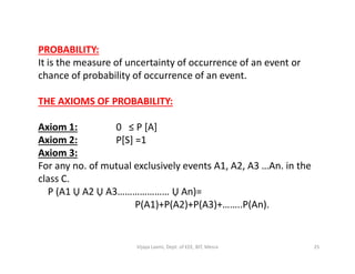 PROBABILITY:
It is the measure of uncertainty of occurrence of an event or
chance of probability of occurrence of an event.
THE AXIOMS OF PROBABILITY:
Axiom 1: 0 ≤ P [A]
Axiom 2: P[S] =1Axiom 2: P[S] =1
Axiom 3:
For any no. of mutual exclusively events A1, A2, A3 …An. in the
class C.
P (A1 Ụ A2 Ụ A3………………… Ụ An)=
P(A1)+P(A2)+P(A3)+……..P(An).
25Vijaya Laxmi, Dept. of EEE, BIT, Mesra
 