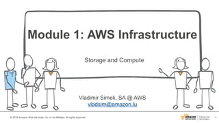 1© 2016 Amazon Web Services, Inc. or its affiliates. All rights reserved.
Module 1: AWS Infrastructure
Storage and Compute
Vladimir Simek, SA @ AWS
vladsim@amazon.lu
 