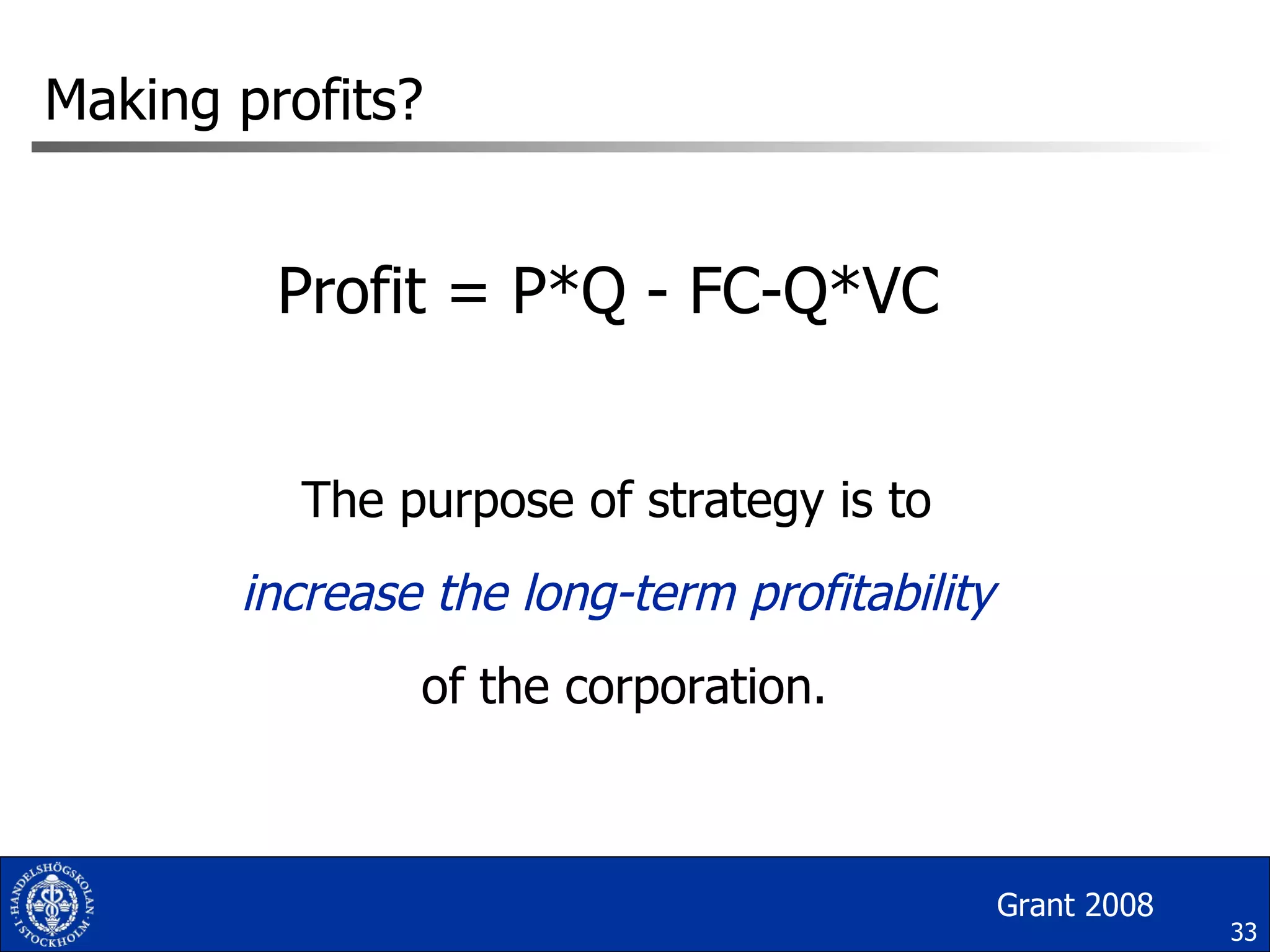 Making profits? Profit = P*Q - FC-Q*VC The purpose of strategy is to  increase the long-term profitability   of the corporation. Grant 2008 
