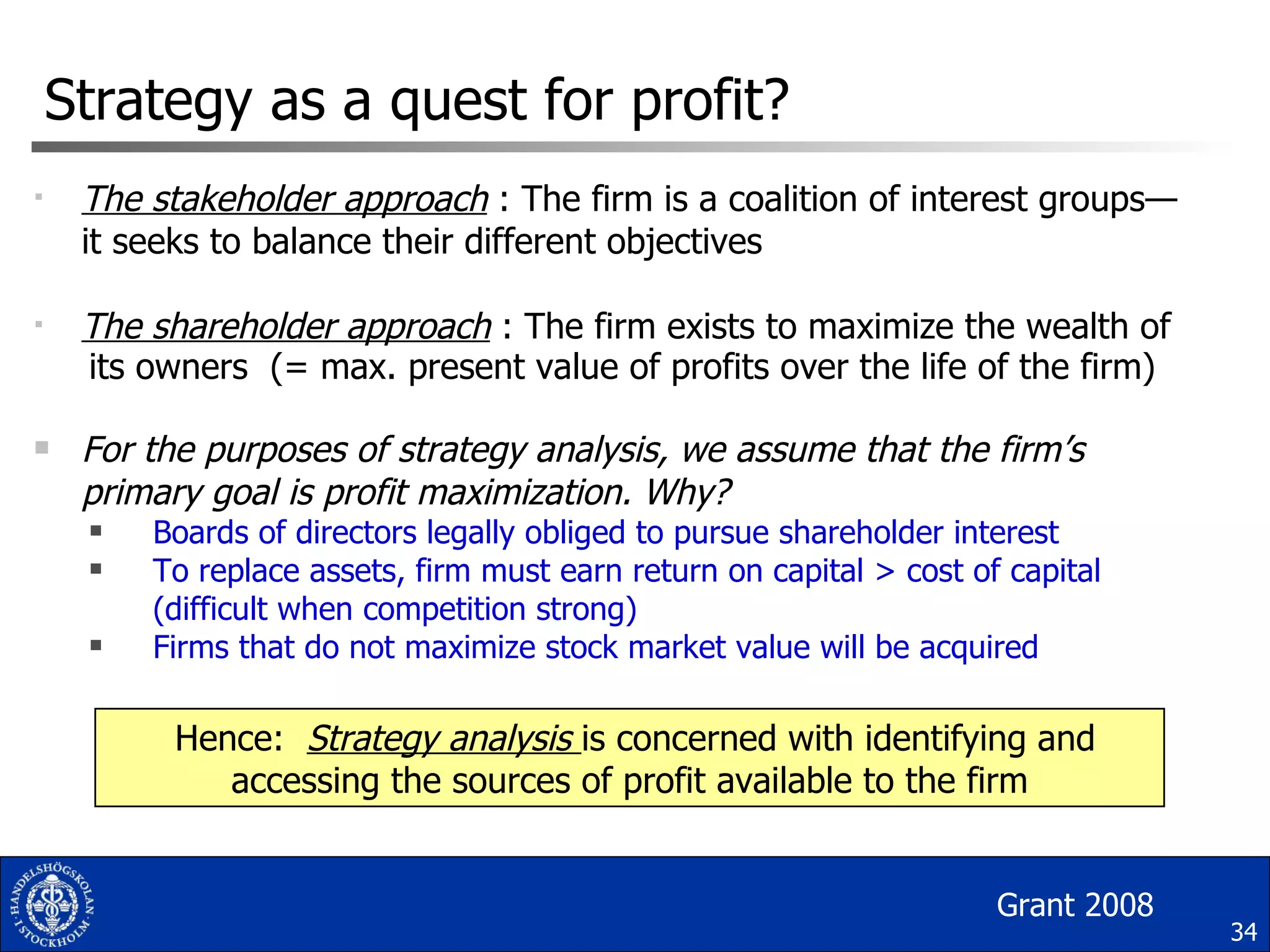 The stakeholder approach   : The firm is a coalition of interest groups— it seeks to balance their different objectives The shareholder approach   : The firm exists to maximize the wealth of its owners  (= max. present value of profits over the life of the firm) For the purposes of strategy analysis, we assume that the firm’s primary goal is profit maximization. Why? Boards of directors legally obliged to pursue shareholder interest To replace assets, firm must earn return on capital > cost of capital  (difficult when competition strong) Firms that do not maximize stock market value will be acquired  Strategy as a quest for profit? Hence:  Strategy analysis  is concerned with identifying and accessing the sources of profit available to the firm Grant 2008 