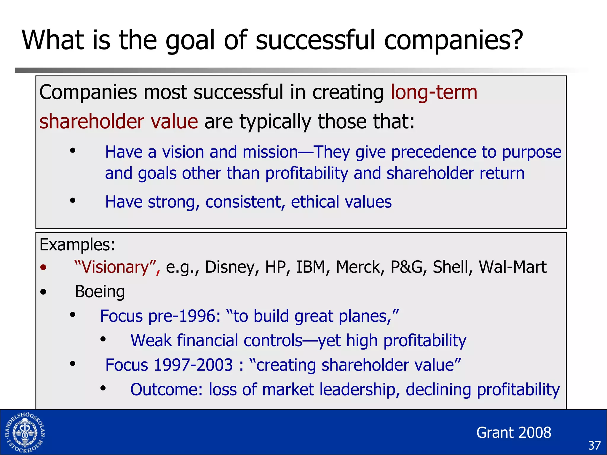 What is the goal of successful companies? Companies most successful in creating  long-term shareholder value   are typically those that: Have a vision and mission—They give precedence to purpose and goals other than profitability and shareholder return Have strong, consistent, ethical values Examples:  “ Visionary” ,  e.g., Disney, HP, IBM, Merck, P&G, Shell, Wal-Mart Boeing   Focus pre-1996: “to build great planes,”  Weak financial controls—yet high profitability Focus 1997-2003 : “creating shareholder value” Outcome: loss of market leadership, declining profitability Grant 2008 
