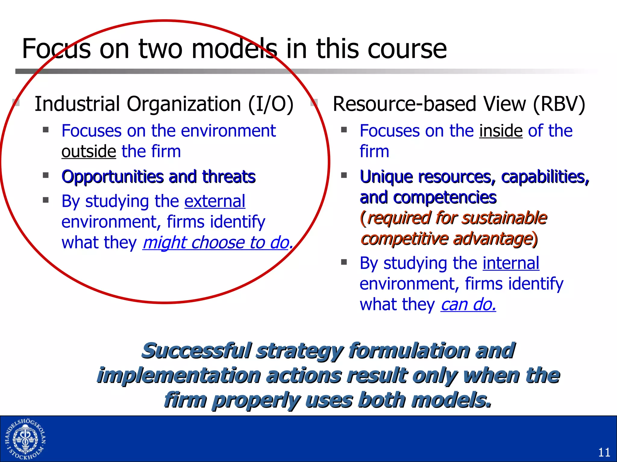 Focus on two models in this course Industrial Organization (I/O) Focuses on the environment  outside  the firm Opportunities and threats By studying the  external  environment, firms identify what they  might  choose to  do . Resource-based View (RBV) Focuses on the  inside  of the firm Unique resources, capabilities, and competencies ( required for   sustainable competitive advantage ) By studying the  internal  environment, firms identify what they  can do. Successful strategy formulation and implementation actions result only when the firm properly uses both models. 