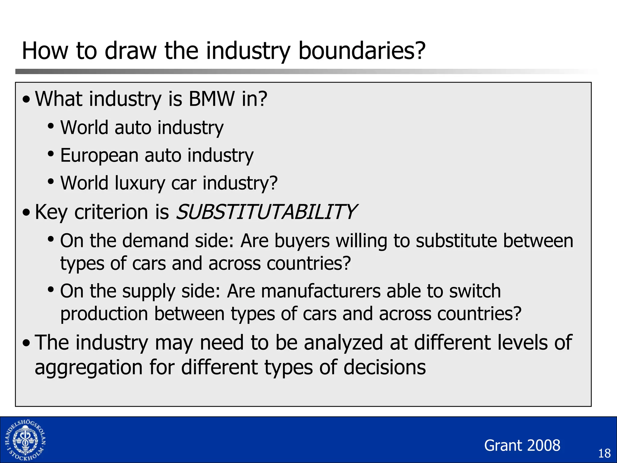 How to draw the industry boundaries? What industry is BMW in? World auto industry European auto industry World luxury car industry? Key criterion is  SUBSTITUTABILITY On the demand side: Are buyers willing to substitute between types of cars and across countries? On the supply side: Are manufacturers able to switch production between types of cars and across countries? The industry may need to be analyzed at different levels of aggregation for different types of decisions Grant 2008 