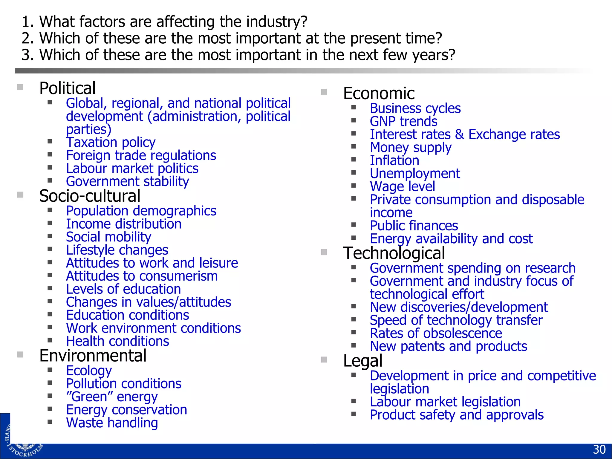 1. What factors are affecting the industry? 2. Which of these are the most important at the present time? 3. Which of these are the most important in the next few years? Political Global, regional,  and  national political development (administration, political parties) Taxation policy Foreign trade regulations Labour market  politics Government stability Socio-cultural Population demographics Income distribution Social mobility Lifestyle changes Attitudes to work and leisure Attitudes to consumerism Levels of education Changes in values/attitudes Education conditions Work environment conditions Health conditions Environmental Ecology Pollution conditions ” Green” energy  Energy conservation Waste handling Economic Business cycles GNP trends Interest rates & Exchange rates Money supply Inflation Unemployment Wage level  Private consumption and disposable income Public finances Energy availability and cost Technological Government spending on research Government and industry focus of technological effort New discoveries/development Speed of technology transfer Rates of obsolescence New patents and products Legal Development in price and competitive legislation Labour market legislation Product safety and approvals 