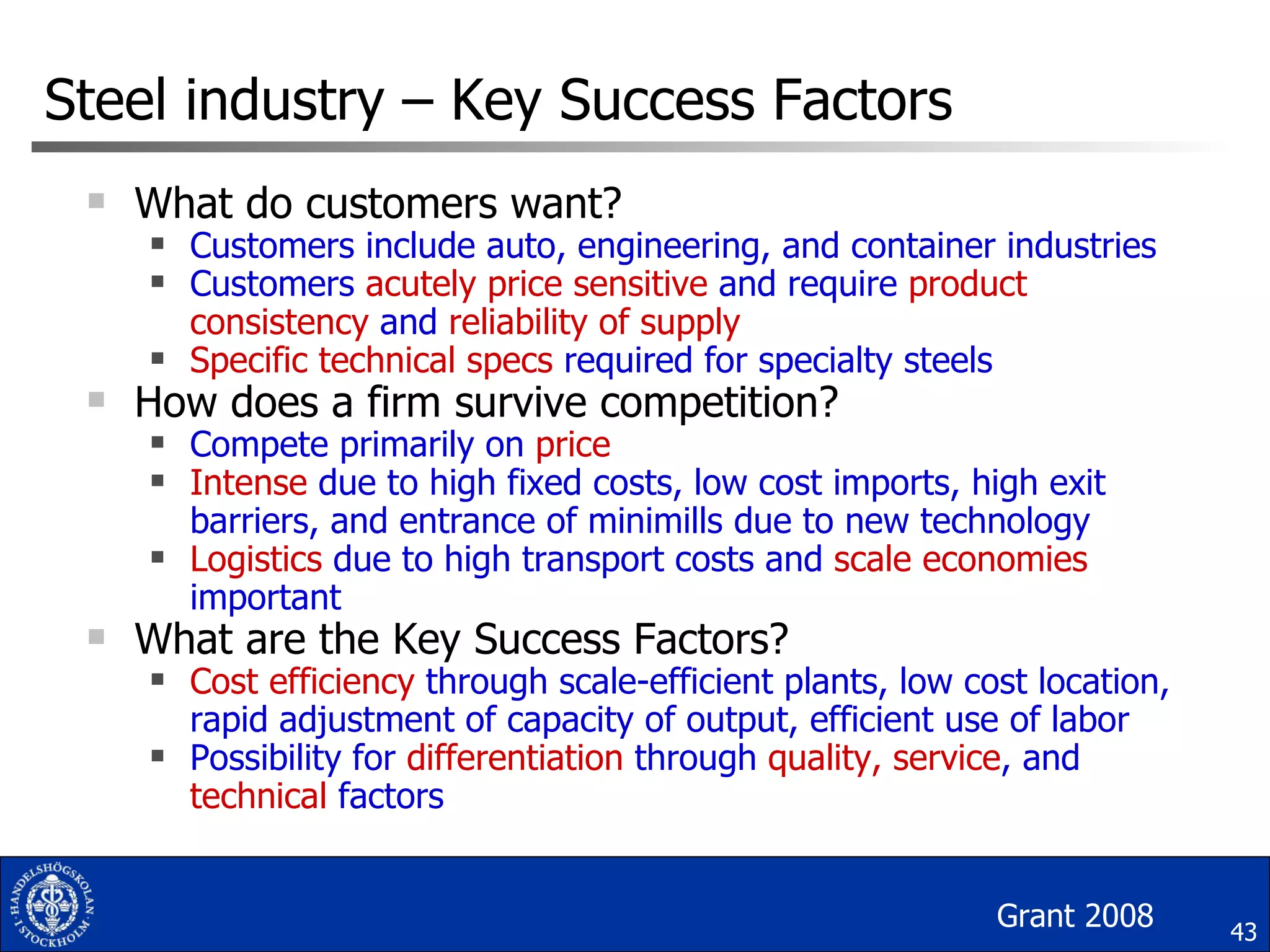 Steel industry – Key Success Factors What do customers want? Customers include auto, engineering, and container industries Customers  acutely price sensitive  and require  product consistency  and  reliability of supply Specific technical specs  required for specialty steels How does a firm survive competition? Compete primarily on  price Intense  due to high fixed costs, low cost imports, high exit barriers, and entrance of minimills due to new technology Logistics  due to high transport costs and  scale economies  important What are the Key Success Factors? Cost efficiency  through scale-efficient plants, low cost location, rapid adjustment of capacity of output, efficient use of labor Possibility for  differentiation  through  quality, service , and  technical  factors Grant 2008 