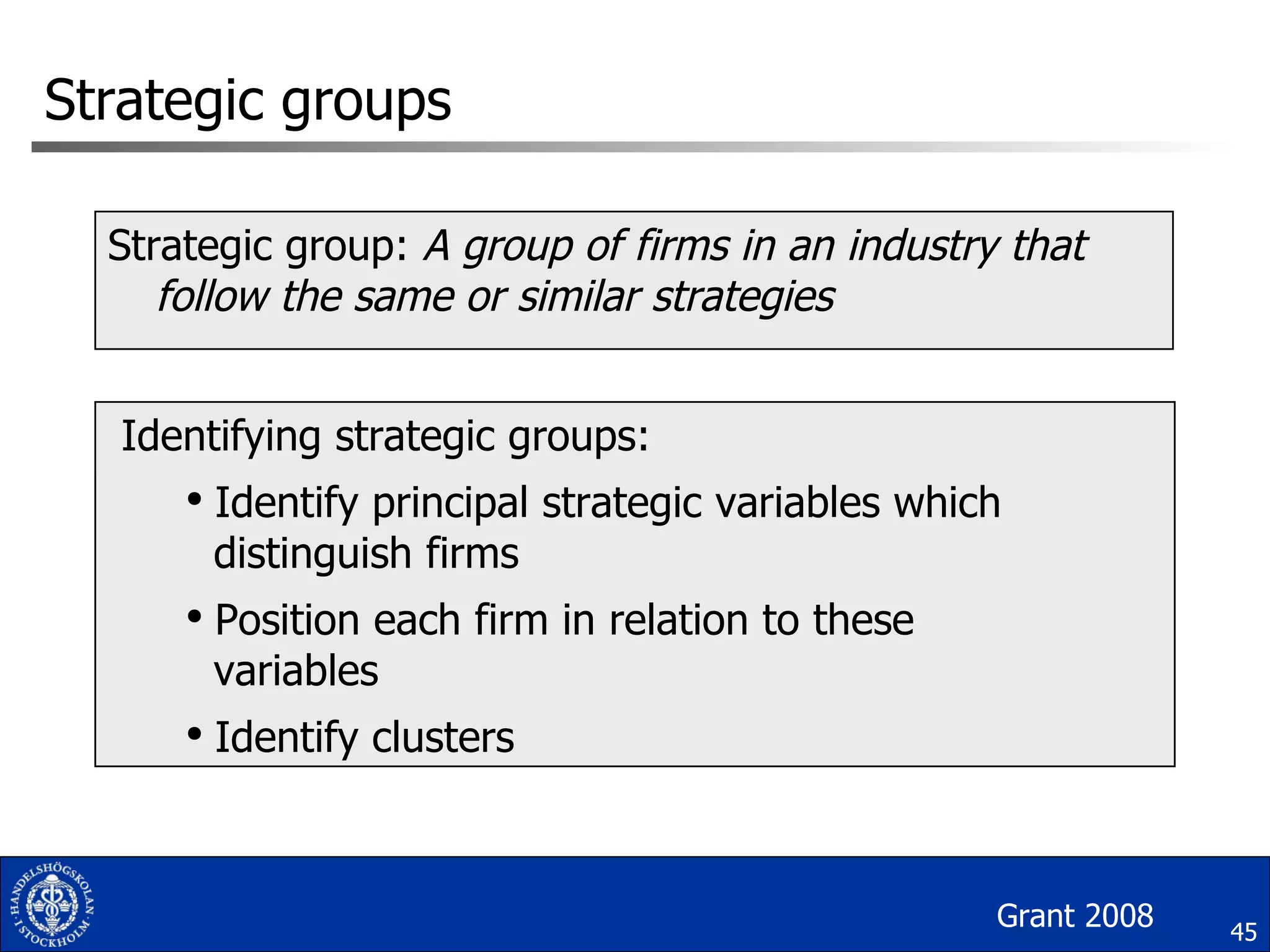 Strategic groups Strategic group:  A group of firms in an industry that follow the same or similar strategies  Identifying strategic groups: Identify principal strategic variables which distinguish firms Position each firm in relation to these  variables Identify clusters Grant 2008 