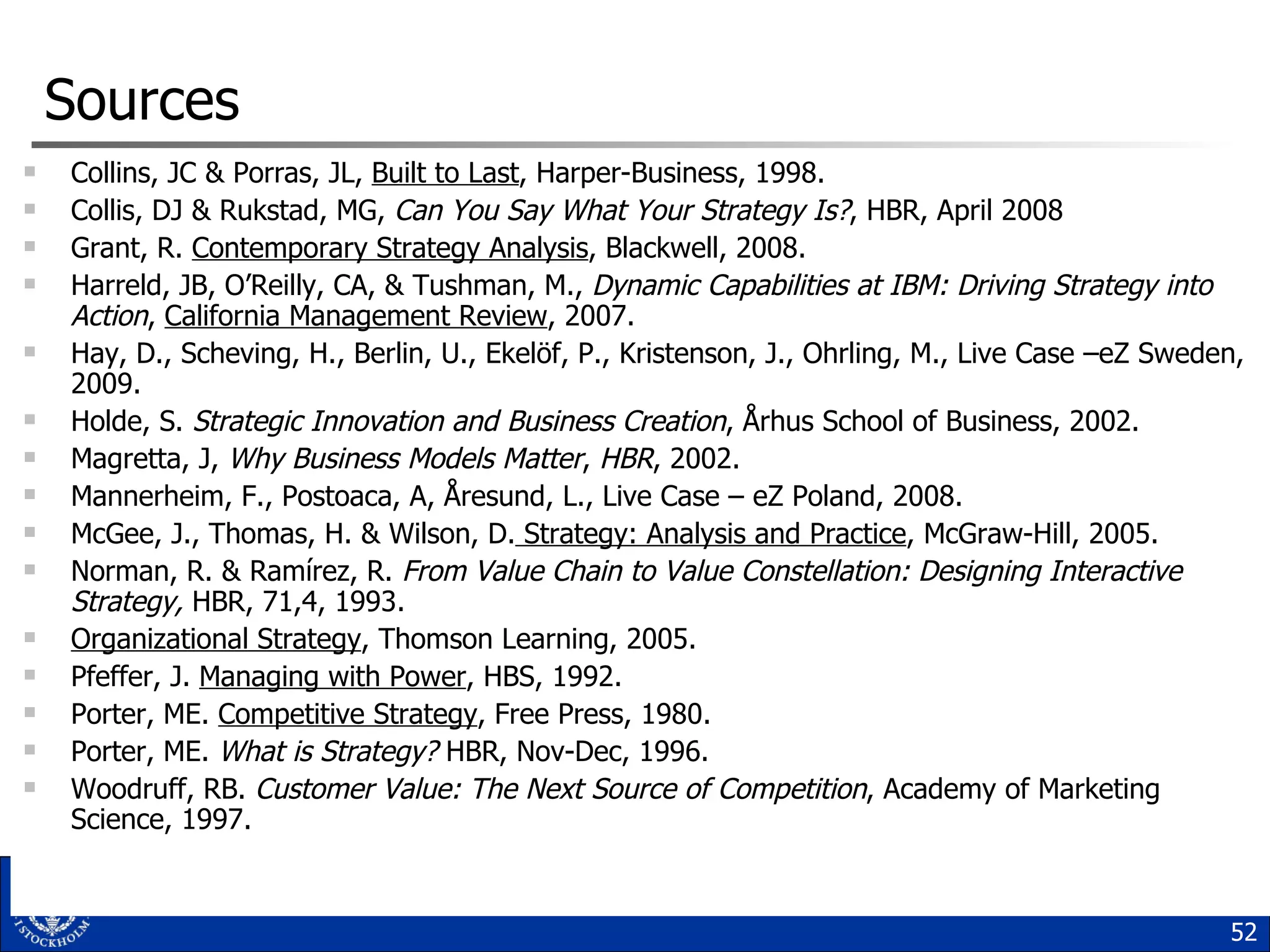Sources Collins, JC & Porras, JL,  Built to Last , Harper-Business, 1998. Collis, DJ & Rukstad, MG,  Can You Say What Your Strategy Is? , HBR, April 2008 Grant, R.  Contemporary Strategy Analysis , Blackwell, 2008. Harreld, JB, O’Reilly, CA, & Tushman, M.,  Dynamic Capabilities at IBM: Driving Strategy into Action ,  California Management Review , 2007.  Hay, D., Scheving, H., Berlin, U., Ekelöf, P., Kristenson, J., Ohrling, M., Live Case –eZ Sweden, 2009. Holde, S.  Strategic Innovation and Business Creation , Århus School of Business, 2002. Magretta, J,  Why Business Models Matter ,  HBR , 2002. Mannerheim, F., Postoaca, A, Åresund, L., Live Case – eZ Poland, 2008.  McGee, J., Thomas, H. & Wilson, D.  Strategy: Analysis and Practice , McGraw-Hill, 2005. Norman, R. & Ramírez, R.  From Value Chain to Value Constellation: Designing Interactive Strategy,  HBR, 71,4, 1993. Organizational Strategy , Thomson Learning, 2005. Pfeffer, J.  Managing with Power , HBS, 1992. Porter, ME.  Competitive Strategy , Free Press, 1980. Porter, ME.  What is Strategy?  HBR, Nov-Dec, 1996. Woodruff, RB.  Customer Value: The Next Source of Competition , Academy of Marketing Science, 1997. 