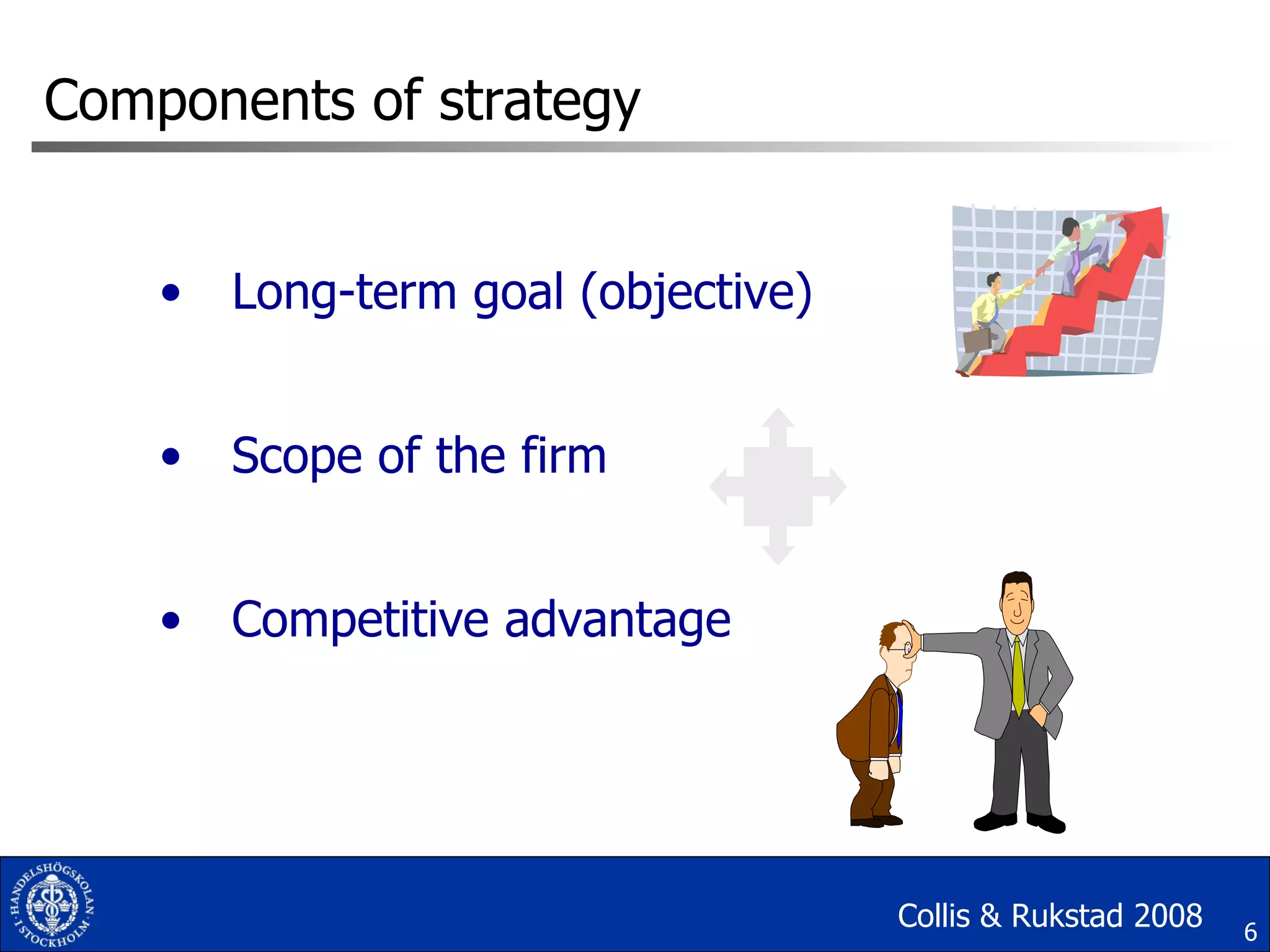 Long-term goal (objective) Scope of the firm  Competitive advantage Components of strategy Collis & Rukstad 2008 
