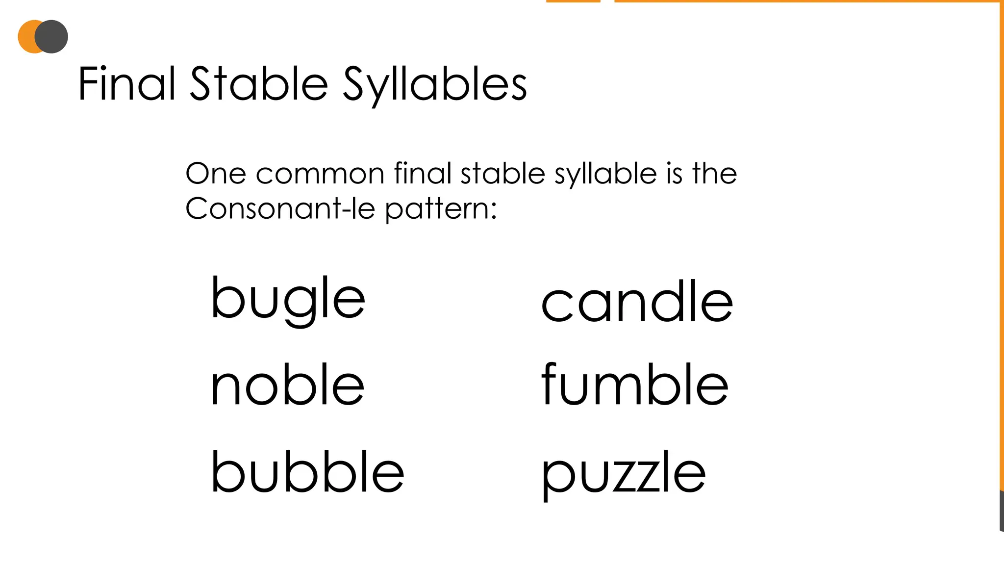 Final Stable Syllables
One common final stable syllable is the
Consonant-le pattern:
bugle candle
noble
bubble
fumble
puzzle
 