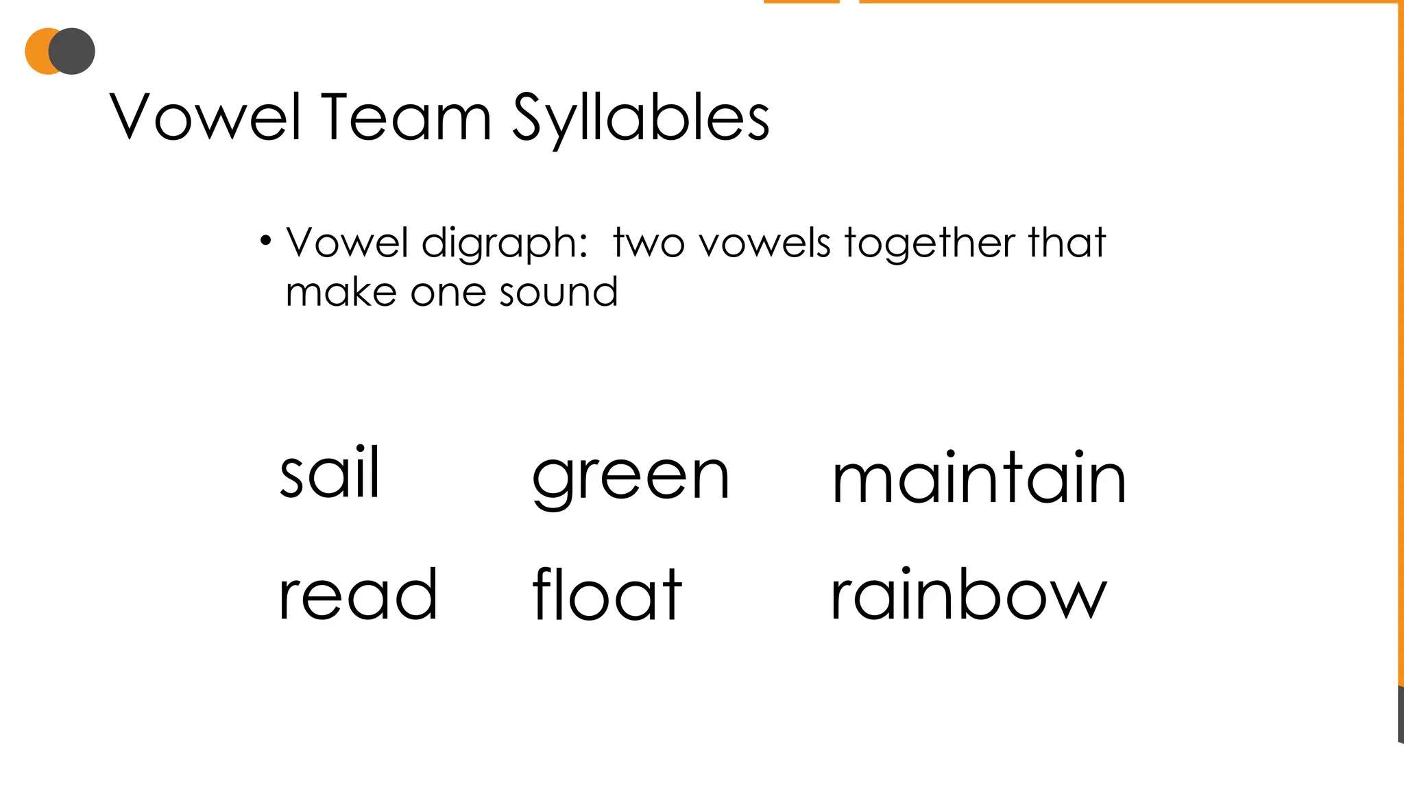 Vowel Team Syllables
• Vowel digraph: two vowels together that
make one sound
sail maintain
read rainbow
green
float
 