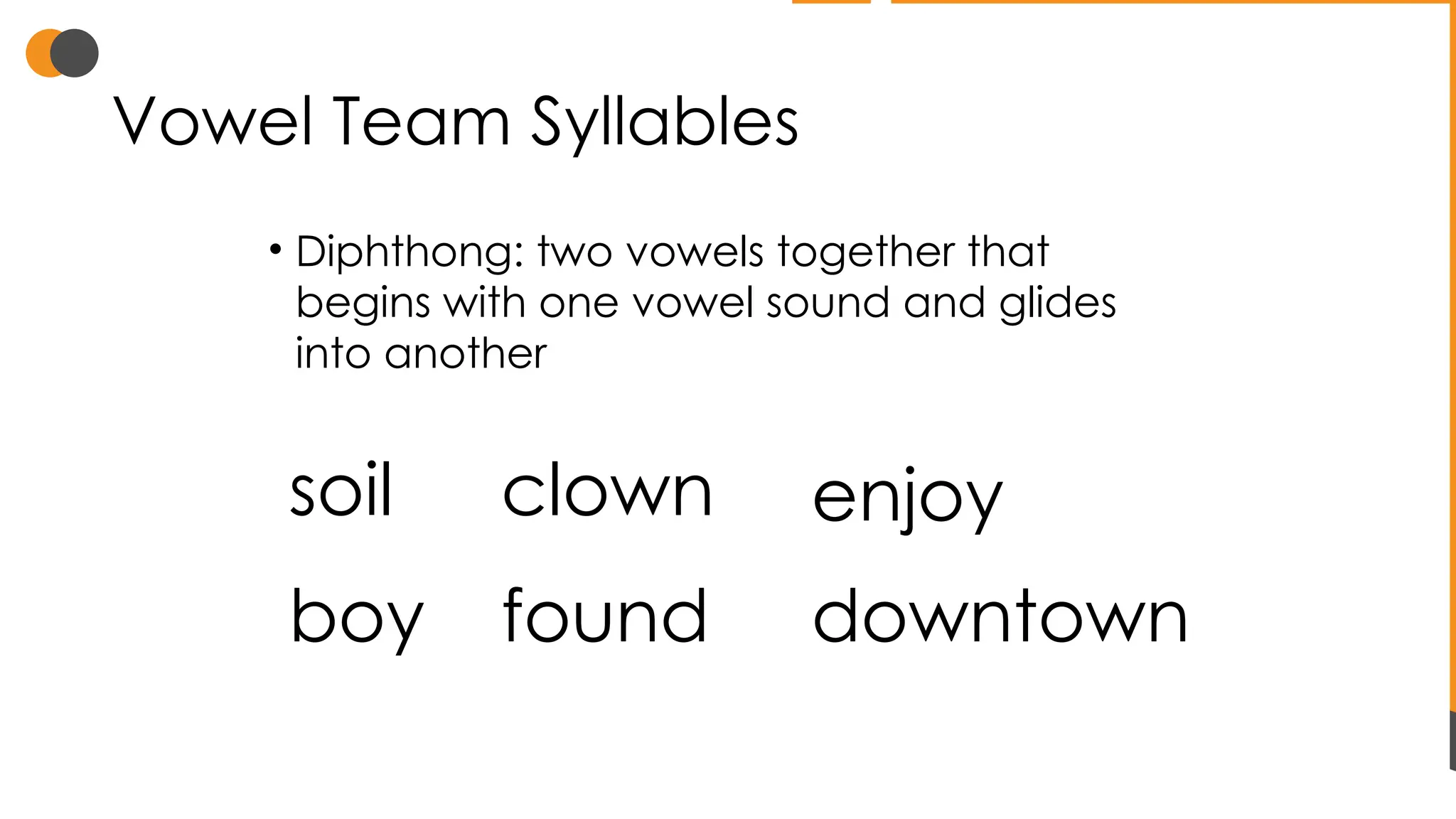 Vowel Team Syllables
• Diphthong: two vowels together that
begins with one vowel sound and glides
into another
soil enjoy
boy downtown
clown
found
 