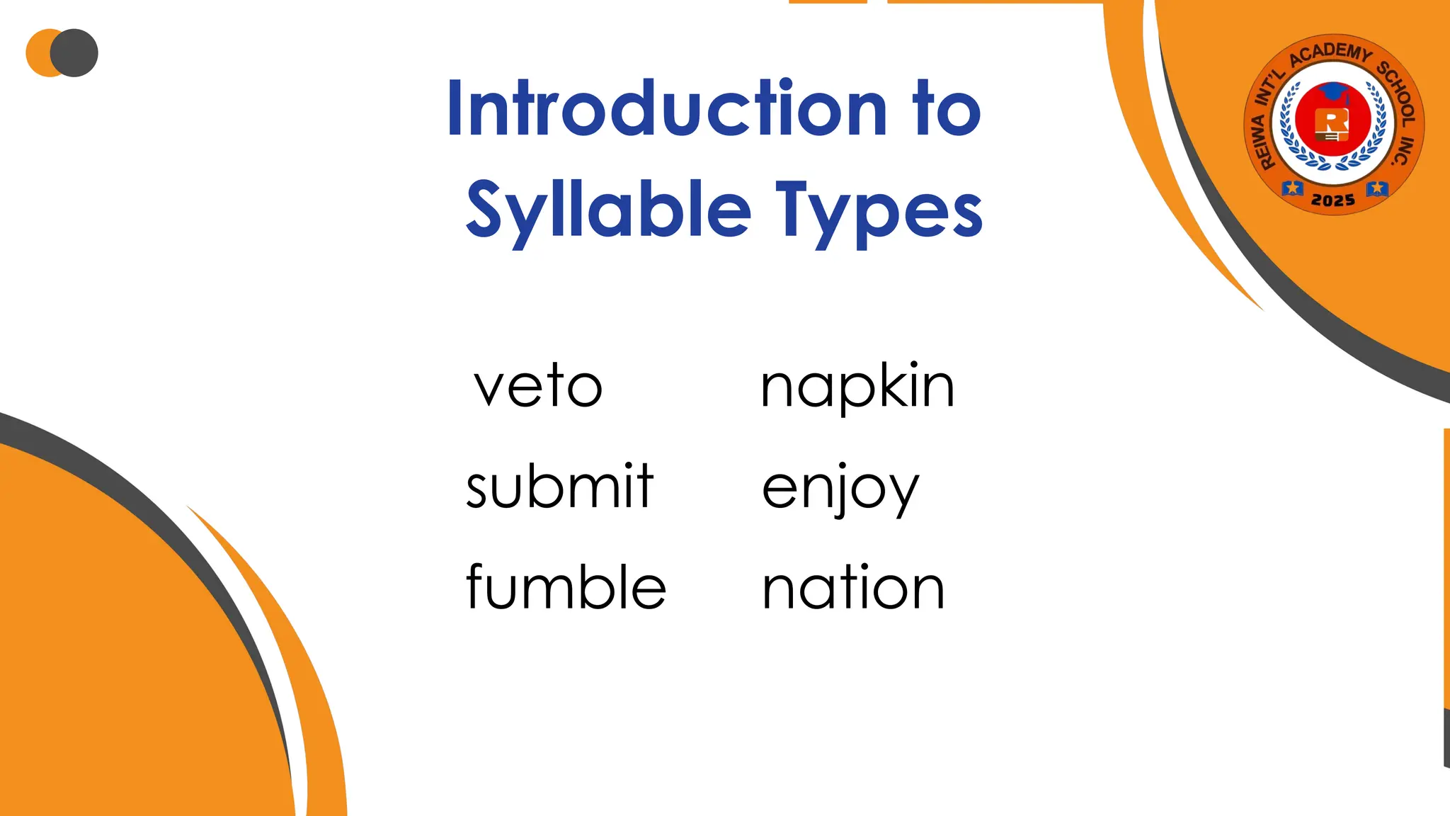 Introduction to
Syllable Types
fumble nation
napkin
veto
submit enjoy
 