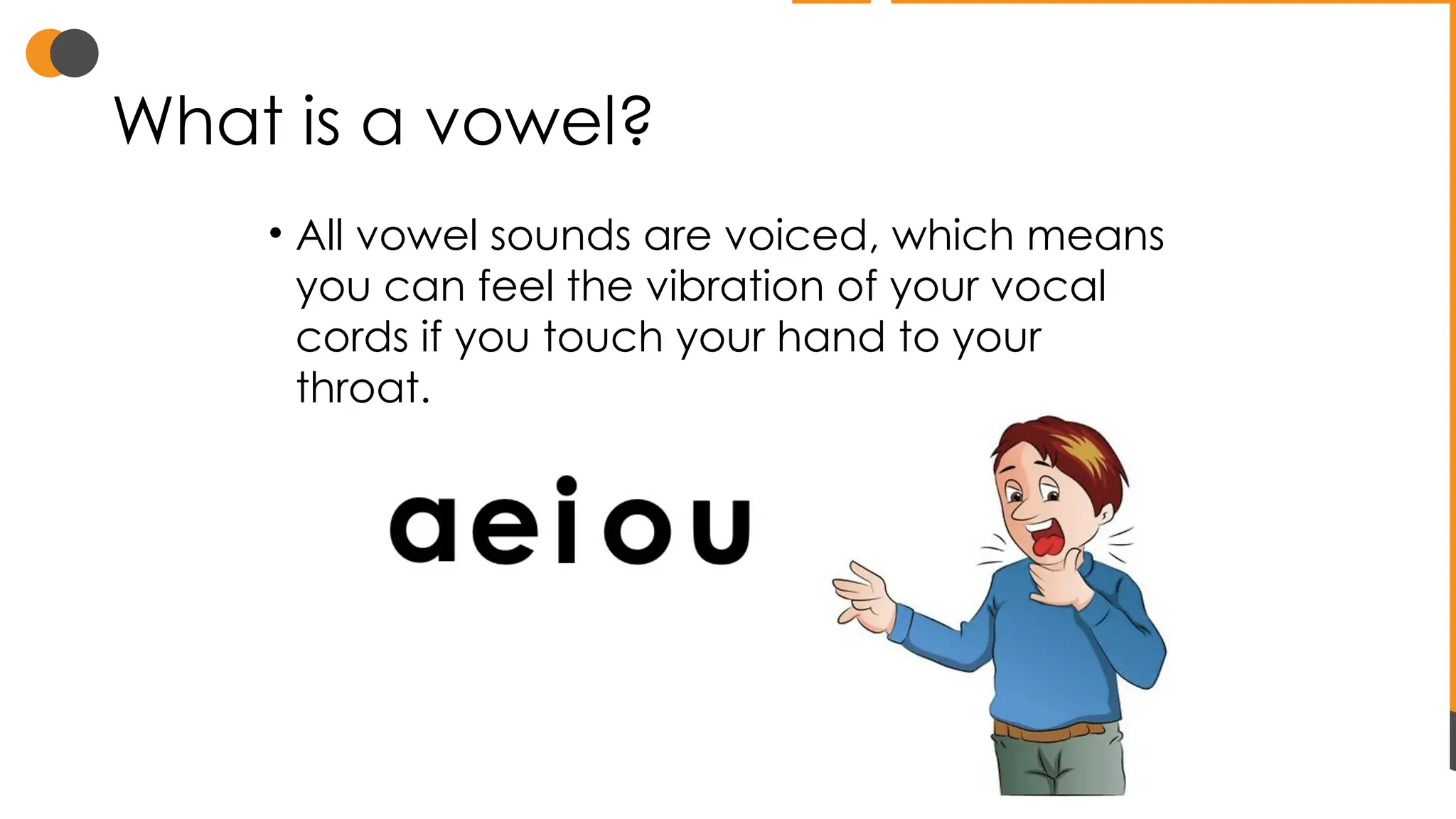 What is a vowel?
• All vowel sounds are voiced, which means
you can feel the vibration of your vocal
cords if you touch your hand to your
throat.
 