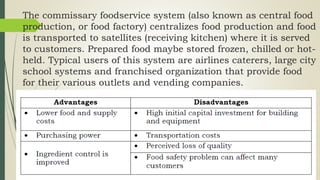 The commissary foodservice system (also known as central food
production, or food factory) centralizes food production and food
is transported to satellites (receiving kitchen) where it is served
to customers. Prepared food maybe stored frozen, chilled or hot-
held. Typical users of this system are airlines caterers, large city
school systems and franchised organization that provide food
for their various outlets and vending companies.
 