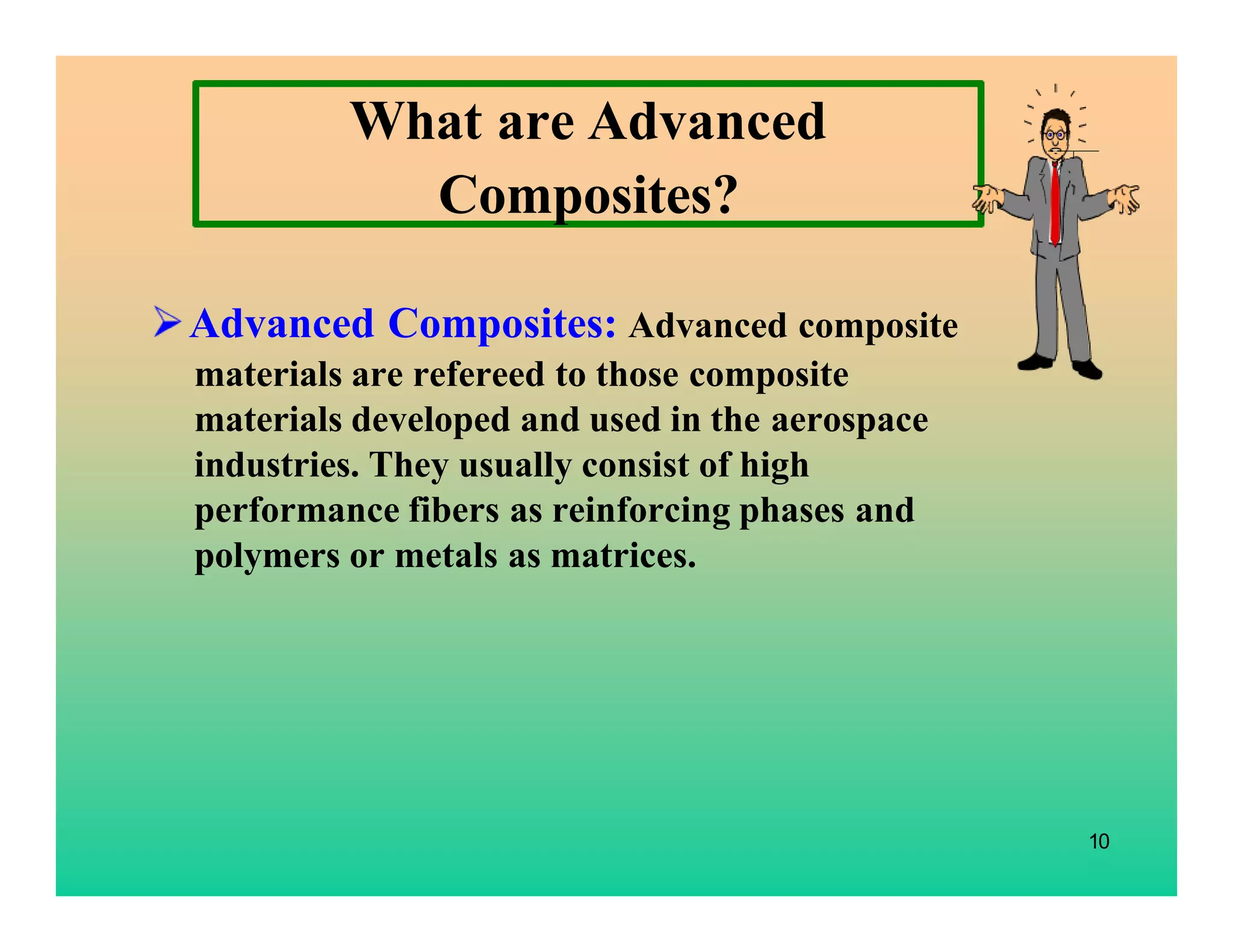 10
What are Advanced
Composites?
Advanced Composites: Advanced composite
materials are refereed to those composite
materials developed and used in the aerospace
industries. They usually consist of high
performance fibers as reinforcing phases and
polymers or metals as matrices.
 
