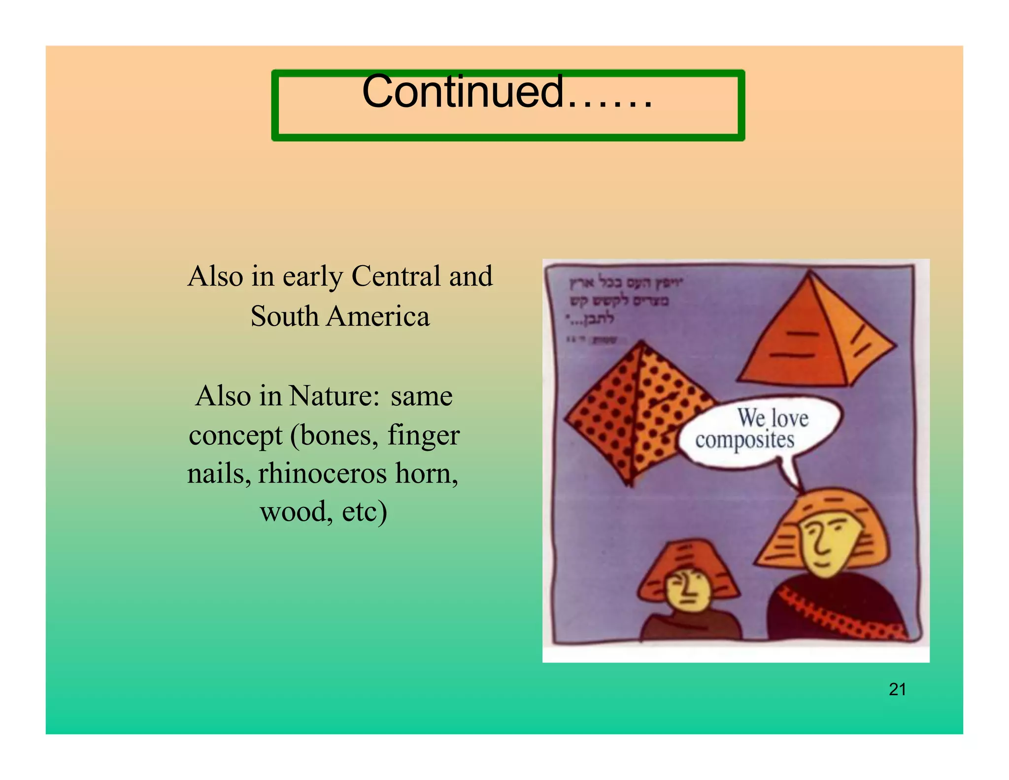 21
Also in early Central and
South America
Also in Nature: same
concept (bones, finger
nails, rhinoceros horn,
wood, etc)
Continued……
 