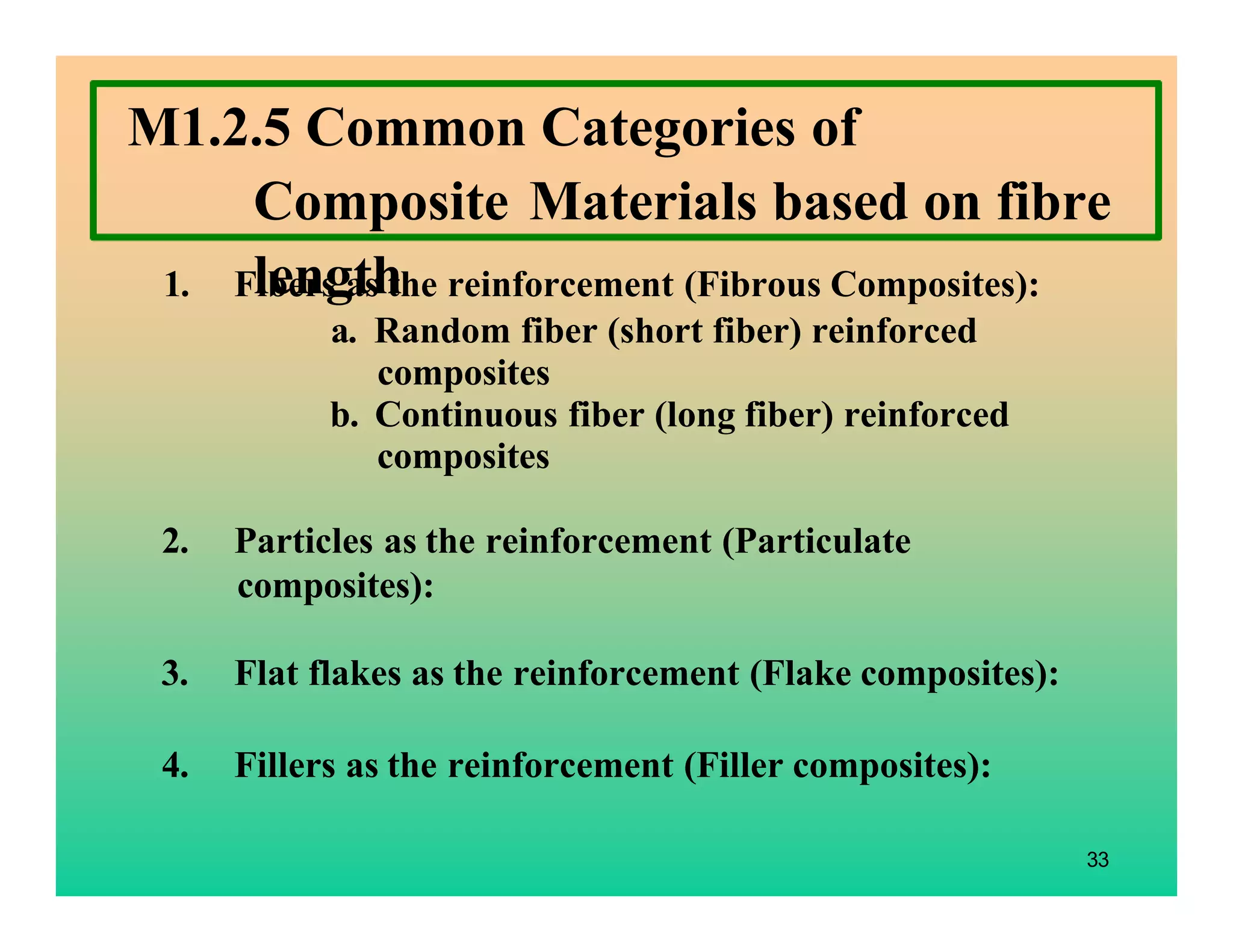 M1.2.5 Common Categories of
Composite Materials based on fibre
length
1. Fibers as the reinforcement (Fibrous Composites):
a. Random fiber (short fiber) reinforced
composites
b. Continuous fiber (long fiber) reinforced
composites
2. Particles as the reinforcement (Particulate
composites):
3. Flat flakes as the reinforcement (Flake composites):
4. Fillers as the reinforcement (Filler composites):
33
 