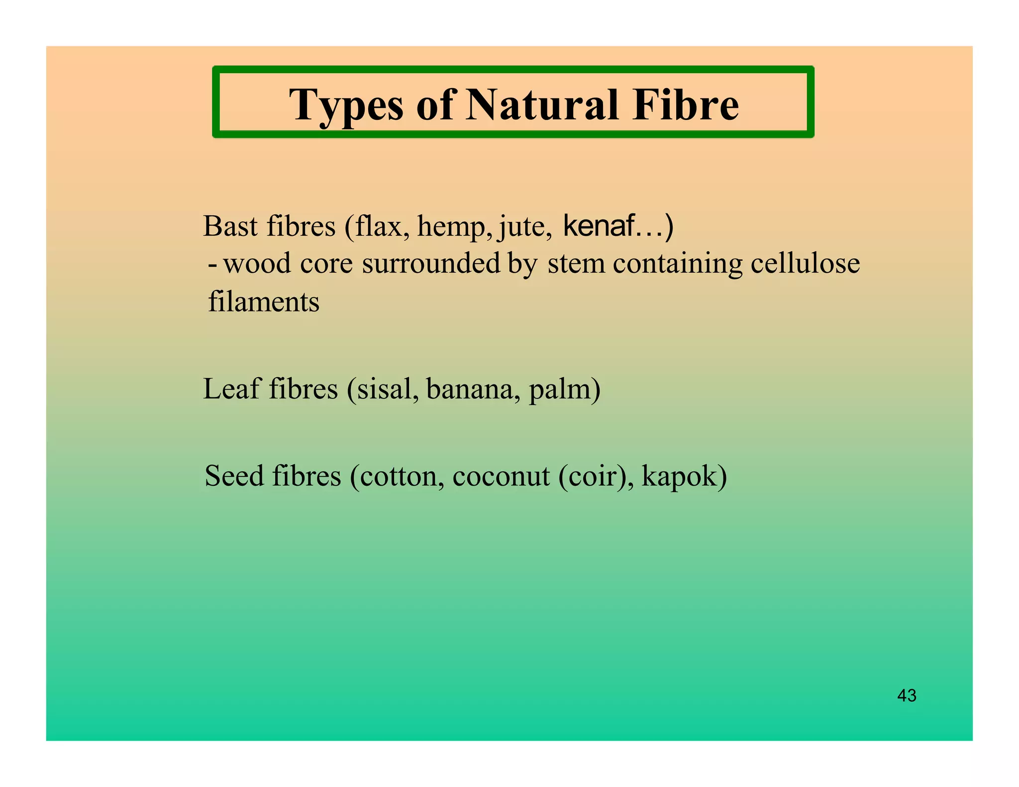 43
Bast fibres (flax, hemp, jute, kenaf…)
- wood core surrounded by stem containing cellulose
filaments
Leaf fibres (sisal, banana, palm)
Seed fibres (cotton, coconut (coir), kapok)
Types of Natural Fibre
 