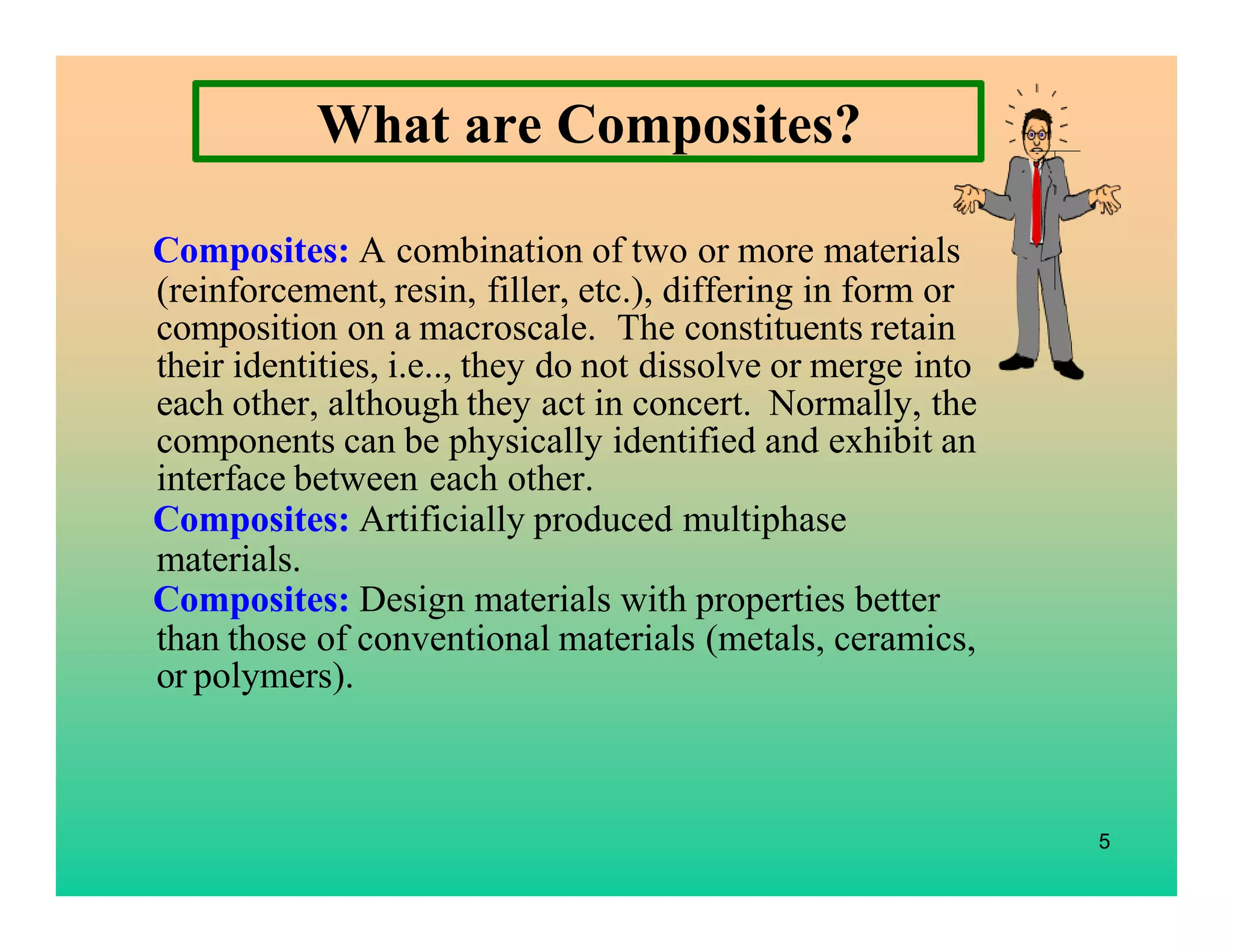 5
What are Composites?
Composites: A combination of two or more materials
(reinforcement, resin, filler, etc.), differing in form or
composition on a macroscale. The constituents retain
their identities, i.e.., they do not dissolve or merge into
each other, although they act in concert. Normally, the
components can be physically identified and exhibit an
interface between each other.
Composites: Artificially produced multiphase
materials.
Composites: Design materials with properties better
than those of conventional materials (metals, ceramics,
or polymers).
 