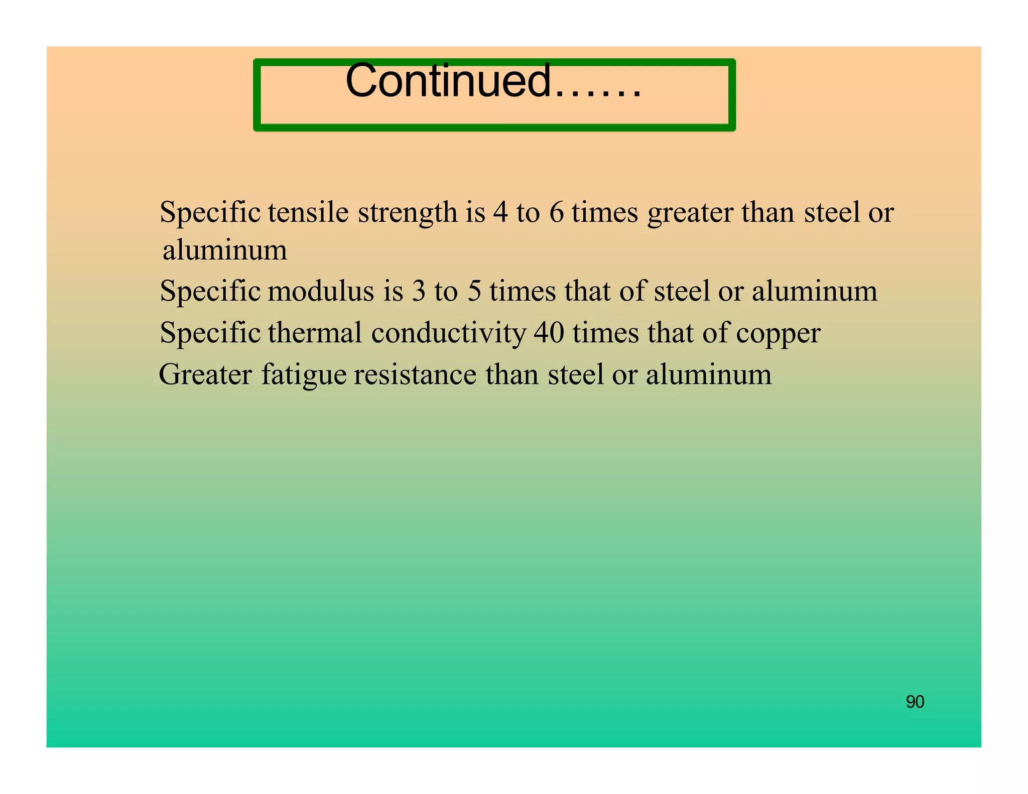 90
Continued……
Specific tensile strength is 4 to 6 times greater than steel or
aluminum
Specific modulus is 3 to 5 times that of steel or aluminum
Specific thermal conductivity 40 times that of copper
Greater fatigue resistance than steel or aluminum
 