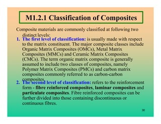 M1.2.1 Classification of Composites
Composite materials are commonly classified at following two
distinct levels:
30
1. Th...