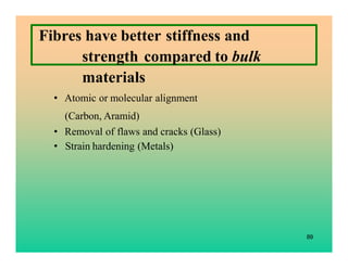 89
Fibres have better stiffness and
strength compared to bulk
materials
• Atomic or molecular alignment
(Carbon, Aramid)
•...