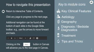 2
How to navigate this presentation Key to module icons
Return to interactive Table of Contents.
Click any page to progress to the next page.
Additional navigation can be found at the
bottom of each slide in the Google Slide
toolbar, e.g., use the arrows to move forward
and back.
Clicking on the button in Canvas
will advance you to the next page in Canvas.
Tips and Tricks
Treatment
Diagnosis / Bedside
Diagnostics
Geography
Aetiology
Key Clinical Features
 