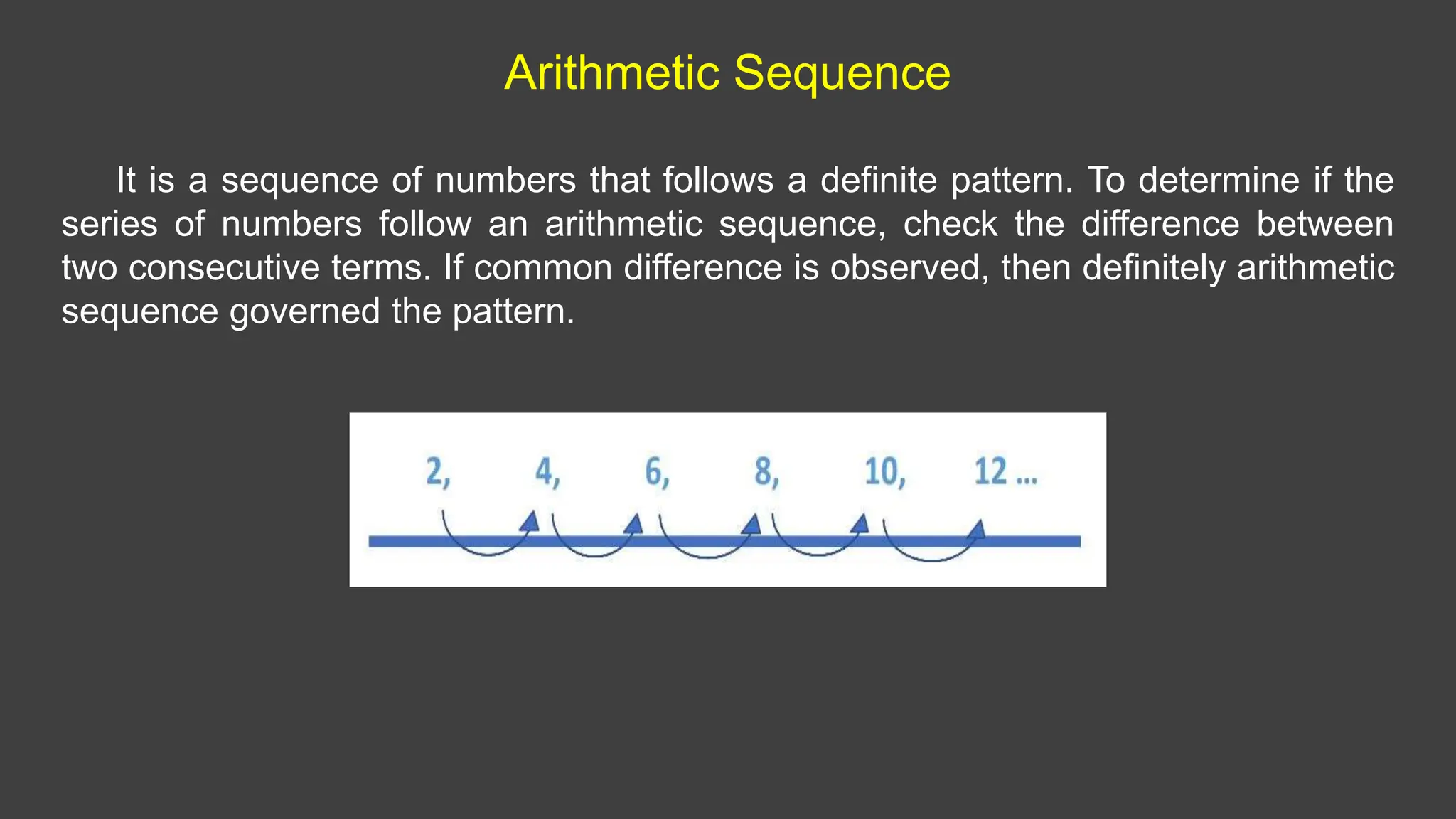 Arithmetic Sequence
It is a sequence of numbers that follows a definite pattern. To determine if the
series of numbers follow an arithmetic sequence, check the difference between
two consecutive terms. If common difference is observed, then definitely arithmetic
sequence governed the pattern.
 