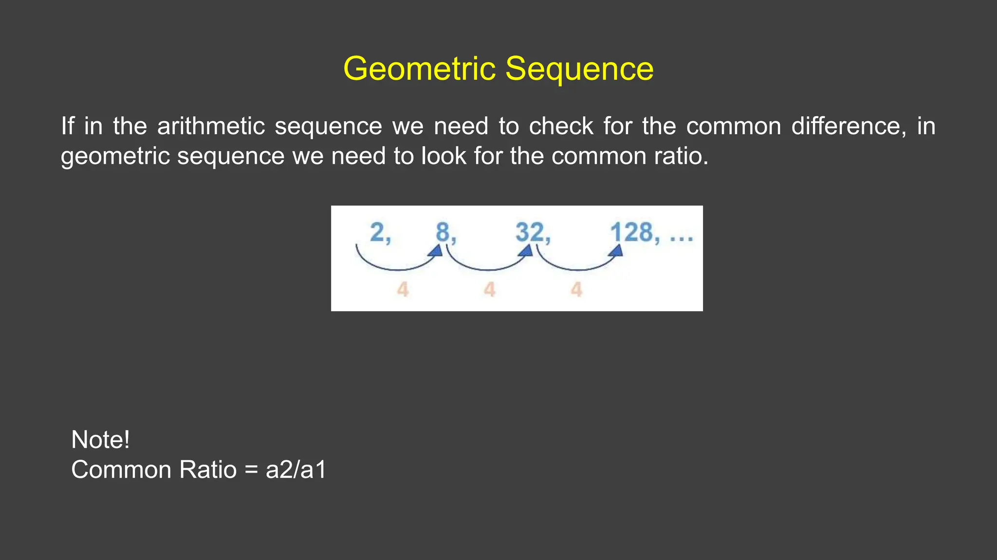 Geometric Sequence
If in the arithmetic sequence we need to check for the common difference, in
geometric sequence we need to look for the common ratio.
Note!
Common Ratio = a2/a1
 