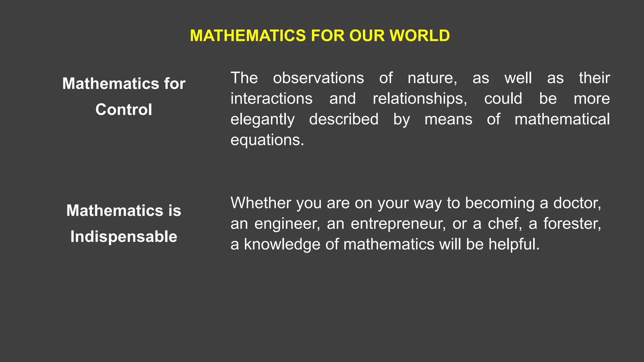 MATHEMATICS FOR OUR WORLD
Mathematics for
Control
The observations of nature, as well as their
interactions and relationships, could be more
elegantly described by means of mathematical
equations.
Mathematics is
Indispensable
Whether you are on your way to becoming a doctor,
an engineer, an entrepreneur, or a chef, a forester,
a knowledge of mathematics will be helpful.
 