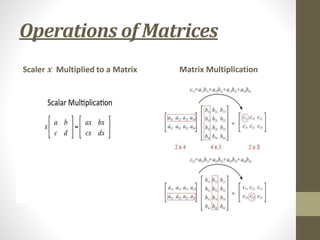 Operations of Matrices
Scaler 𝒙 Multiplied to a Matrix Matrix Multiplication
 