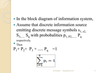  In the block diagram of information system,
 Assume that discrete information source
emitting discrete message symbols s1, s2,
S3,..... Sq with probobalities p1, P2,...... Pq
respectively.
 Then
P1+ P2+ P3 + ..... Pq =1
9/14/2020 11
Vidyashree K N
 