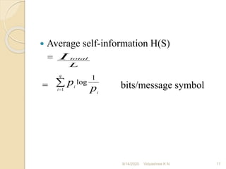  Average self-information H(S)
=
= bits/message symbol
L
I total
p
p
i
q
i
i
1
log
1

=
9/14/2020 17
Vidyashree K N
 