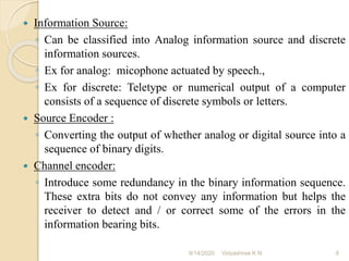  Information Source:
◦ Can be classified into Analog information source and discrete
information sources.
◦ Ex for analog: micophone actuated by speech.,
◦ Ex for discrete: Teletype or numerical output of a computer
consists of a sequence of discrete symbols or letters.
 Source Encoder :
◦ Converting the output of whether analog or digital source into a
sequence of binary digits.
 Channel encoder:
◦ Introduce some redundancy in the binary information sequence.
These extra bits do not convey any information but helps the
receiver to detect and / or correct some of the errors in the
information bearing bits.
9/14/2020 6
Vidyashree K N
 