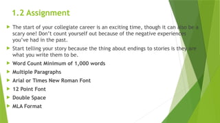 1.2 Assignment
 The start of your collegiate career is an exciting time, though it can also be a
scary one! Don’t count yourself out because of the negative experiences
you’ve had in the past.
 Start telling your story because the thing about endings to stories is they are
what you write them to be.
 Word Count Minimum of 1,000 words
 Multiple Paragraphs
 Arial or Times New Roman Font
 12 Point Font
 Double Space
 MLA Format
 