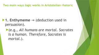 Two main ways logic works in Aristotelian rhetoric
1. Enthymeme (deduction used in
→
persuasion).
(e.g., All humans are mortal. Socrates
is a human. Therefore, Socrates is
mortal.).
 