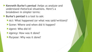  Kenneth Burke’s pentad :helps us analyze and
understand rhetorical situations. Here’s a
breakdown in simpler terms:
 Burke’s pentad is a tool to ask:
Act: What happened (or what was said/written)?
Scene: Where and when did it happen?
Agent: Who did it?
Agency: How was it done?
Purpose: Why was it done?
 