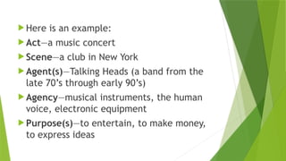  Here is an example:
 Act—a music concert
 Scene—a club in New York
 Agent(s)—Talking Heads (a band from the
late 70’s through early 90’s)
 Agency—musical instruments, the human
voice, electronic equipment
 Purpose(s)—to entertain, to make money,
to express ideas
 