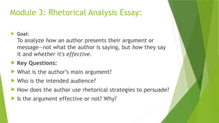 Module 3: Rhetorical Analysis Essay:
 Goal:
To analyze how an author presents their argument or
message—not what the author is saying, but how they say
it and whether it's effective.
 Key Questions:
 What is the author’s main argument?
 Who is the intended audience?
 How does the author use rhetorical strategies to persuade?
 Is the argument effective or not? Why?
 