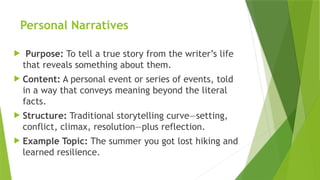 Personal Narratives
 Purpose: To tell a true story from the writer’s life
that reveals something about them.
 Content: A personal event or series of events, told
in a way that conveys meaning beyond the literal
facts.
 Structure: Traditional storytelling curve—setting,
conflict, climax, resolution—plus reflection.
 Example Topic: The summer you got lost hiking and
learned resilience.
 