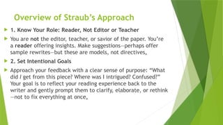 Overview of Straub’s Approach
 1. Know Your Role: Reader, Not Editor or Teacher
 You are not the editor, teacher, or savior of the paper. You’re
a reader offering insights. Make suggestions—perhaps offer
sample rewrites—but these are models, not directives.
 2. Set Intentional Goals
 Approach your feedback with a clear sense of purpose: “What
did I get from this piece? Where was I intrigued? Confused?”
Your goal is to reflect your reading experience back to the
writer and gently prompt them to clarify, elaborate, or rethink
—not to fix everything at once.
 